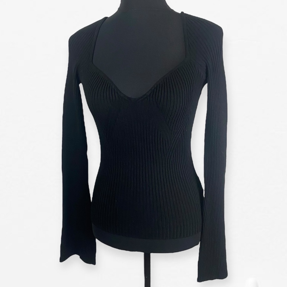 NWT H&M LivaEco Black Ribbed deep v-neck long sleeved bell sweater top M